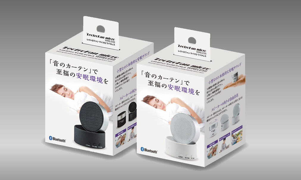 商品パッケージのデザイン事例、ホワイトノイズスピーカー ワイヤスレス
