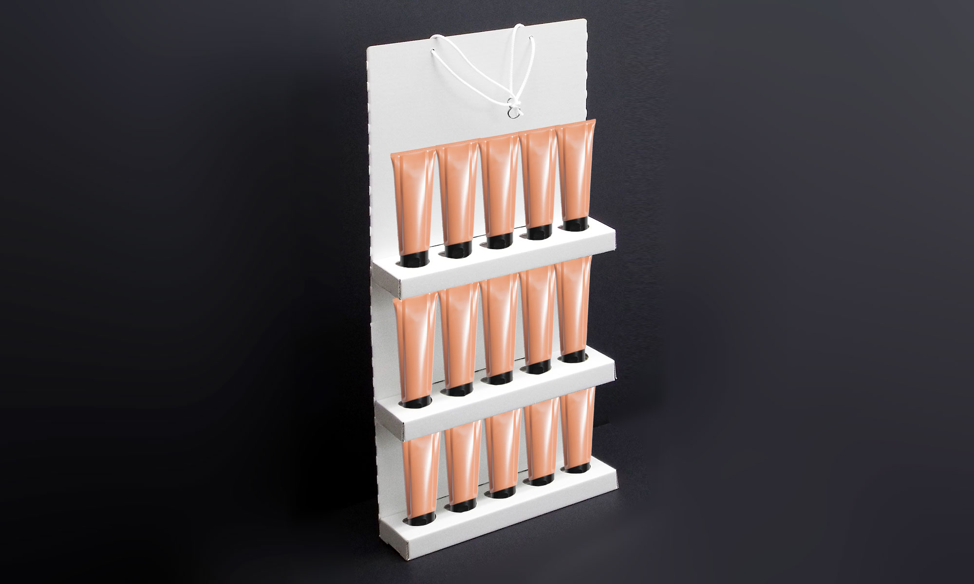 チューブ容器商品の吊り下げ什器商品セットイメージ